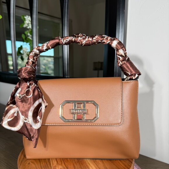 Nicole Miller Handbags - Nicole Miller New York Tan Top Handle Satchel Gold Hardware Scarf Handle NWT